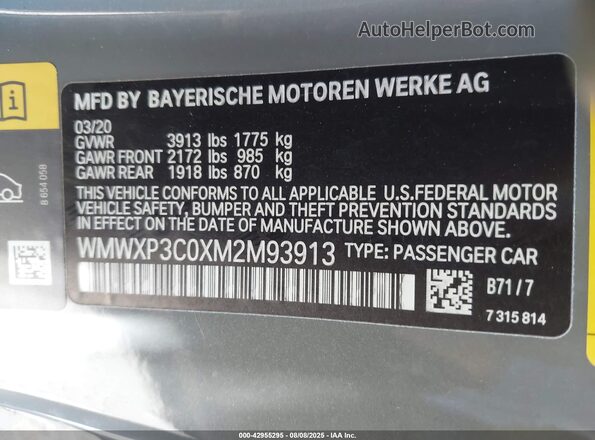 WMWXP3C0XM2M93913 2021 MINI SE HARDTOP Gray VIN კოდის სტიკერის ხედი