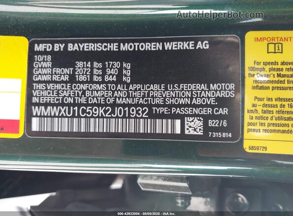 WMWXU1C59K2J01932 2019 MINI HARDTOP Green 