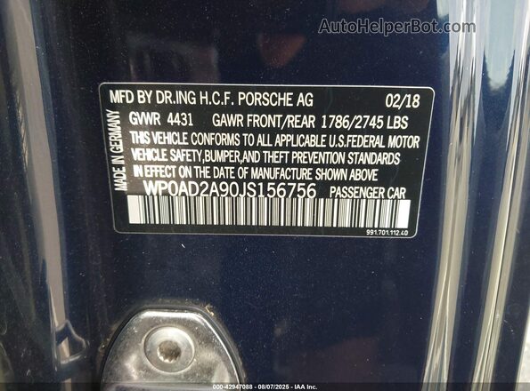 WP0AD2A90JS156756 2018 PORSCHE 911 Dark Blue Շարժիչի բաժամունքի տեսք