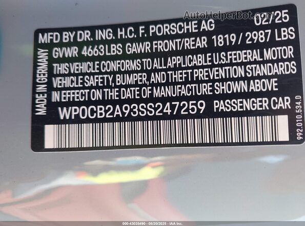 WP0CB2A93SS247259 2025 PORSCHE 911 Gray Widok komory silnika