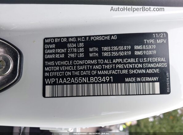 WP1AA2A55NLB03491 2022 PORSCHE MACAN White Widok komory silnika