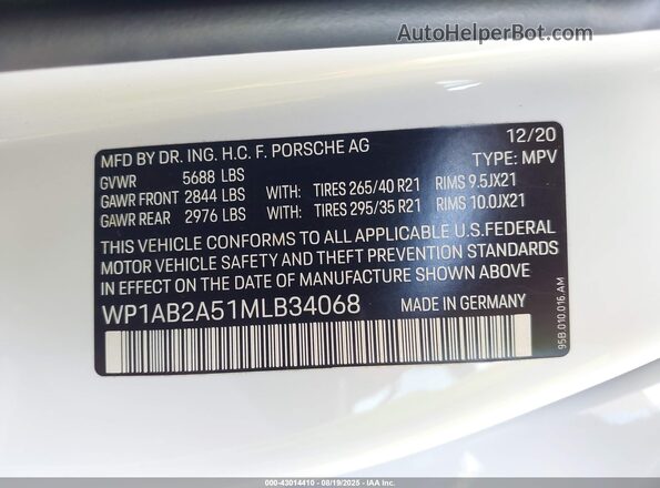 WP1AB2A51MLB34068 2021 PORSCHE MACAN White 