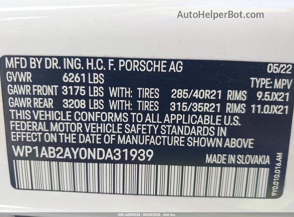 WP1AB2AY0NDA31939 2022 PORSCHE CAYENNE White Engine compartment view