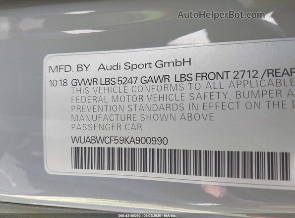 WUABWCF59KA900990 2019 AUDI RS5 Серый Вид подкапотного пространства