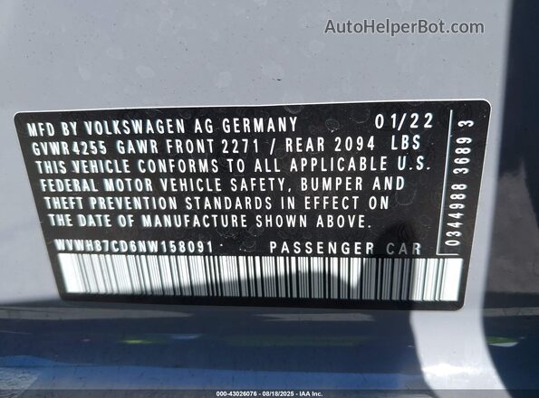 WVWH87CD6NW158091 2022 VOLKSWAGEN GOLF Серый 