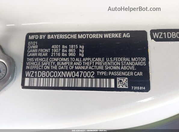 WZ1DB0C0XNW047002 2022 TOYOTA GR SUPRA White ძრავის განყოფილების ხედი