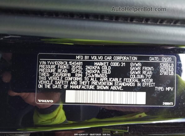 YV4102RK3L1545481 2020 VOLVO XC60 Black Vista del compartimento del motor