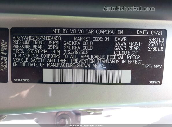 YV4102RK7M1864450 2021 VOLVO XC60 Silver Engine compartment view