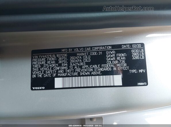 YV4A221L6L1601296 2020 VOLVO XC90 Cream ძრავის განყოფილების ხედი