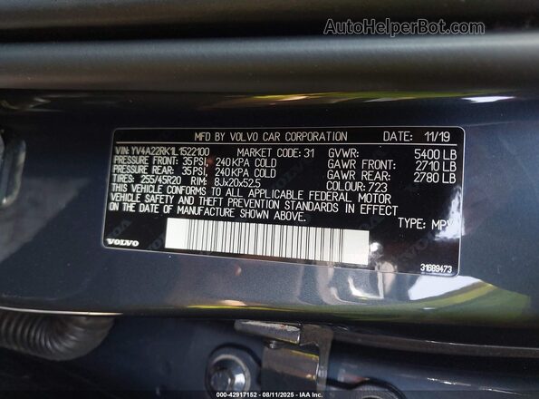 YV4A22RK1L1522100 2020 VOLVO XC60 Light Blue Widok komory silnika