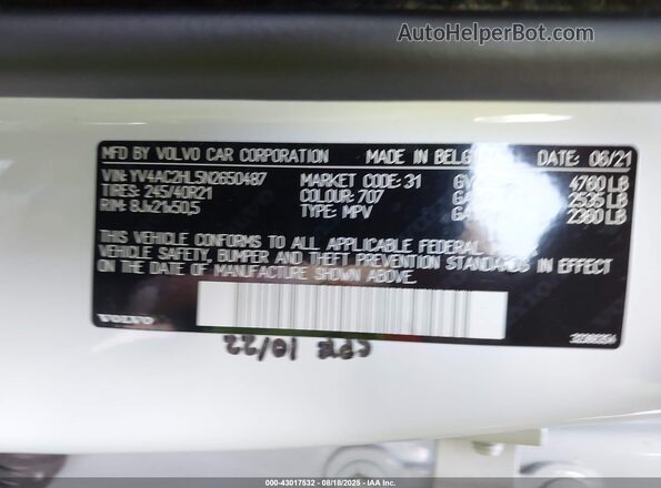 YV4AC2HL5N2650487 2022 VOLVO XC40 White Вид підкапотного простору