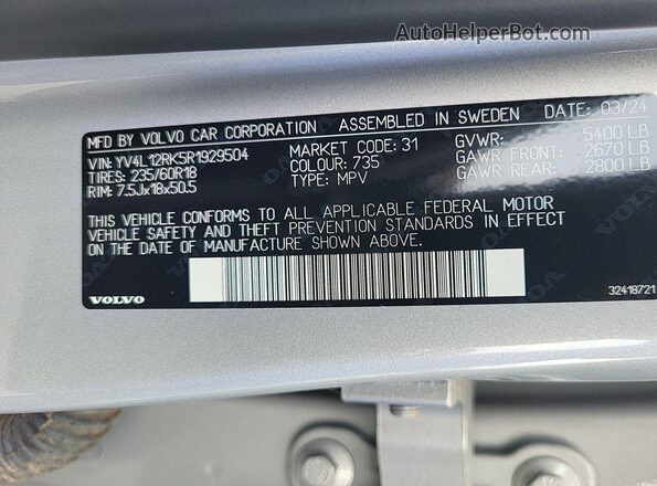 YV4L12RK5R1929504 2024 VOLVO XC60  