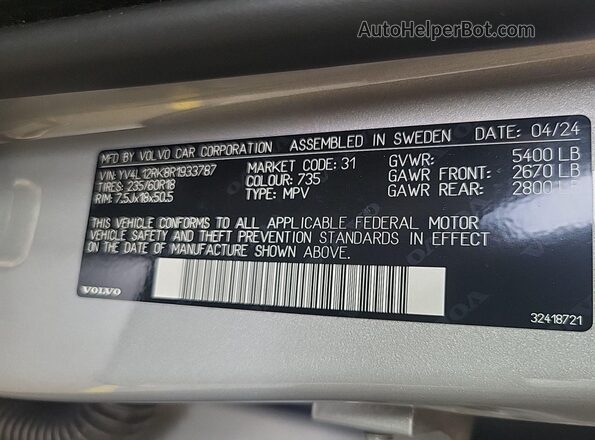 YV4L12RK8R1933787 2024 VOLVO XC60  Вид наклейки з VIN-кодом
