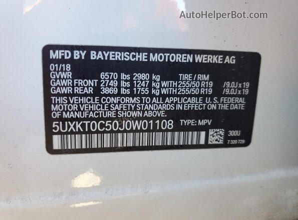 5UXKT0C50J0W01108 2018 BMW X5 White 