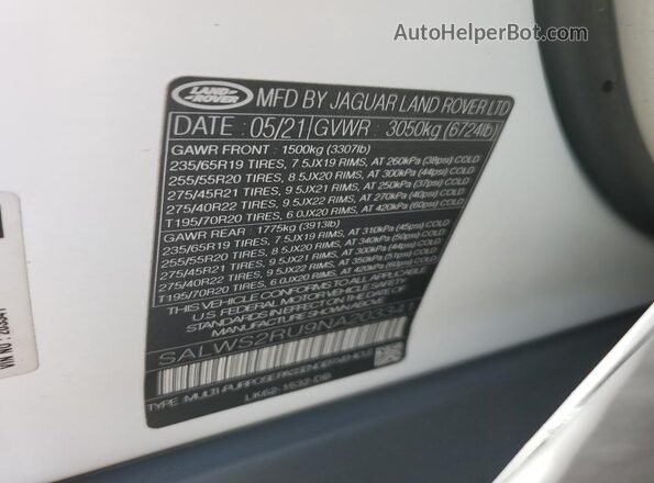 SALWS2RU9NA203341 2022 LAND ROVER RANGE White Vista de la etiqueta del VIN