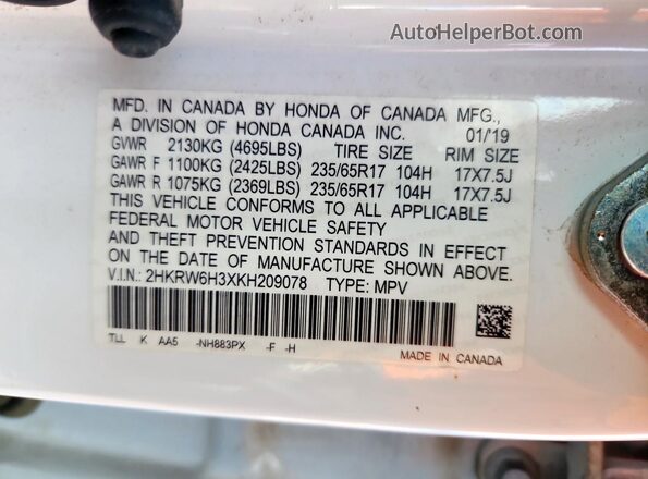 2HKRW6H3XKH209078 2019 HONDA CRV White 