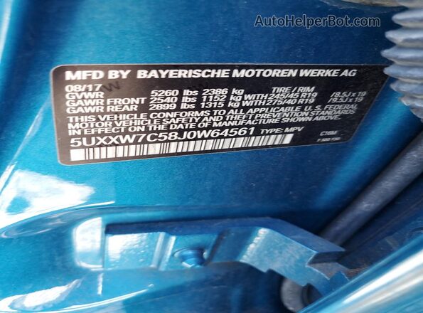 5UXXW7C58J0W64561 2018 BMW X4 Blue VIN კოდის სტიკერის ხედი