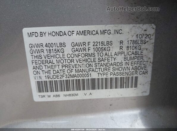 19UDE2F32MA000051 2021 ACURA ILX Silver ძრავის განყოფილების ხედი