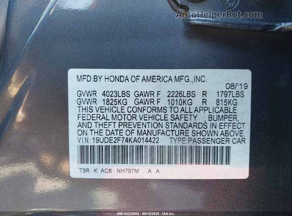 19UDE2F74KA014422 2019 ACURA ILX Серый Вид подкапотного пространства
