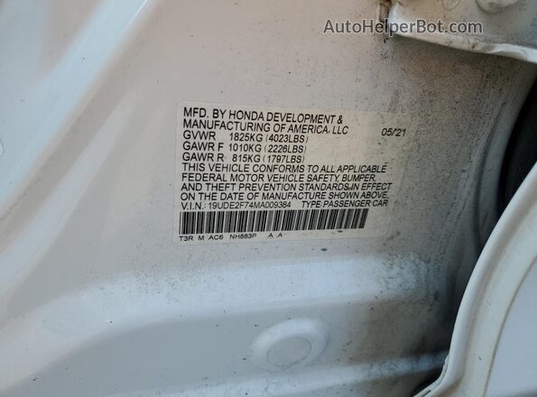 19UDE2F74MA009384 2021 ACURA ILX Белый Вид подкапотного пространства