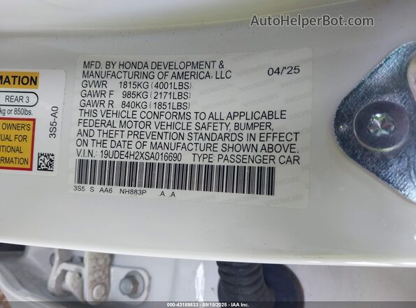19UDE4H2XSA016690 2025 ACURA INTEGRA White Vista del compartimento del motor