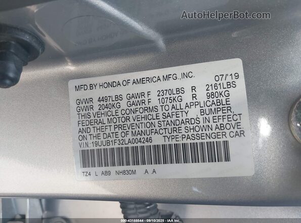 19UUB1F32LA004246 2020 ACURA TLX Gray Widok komory silnika