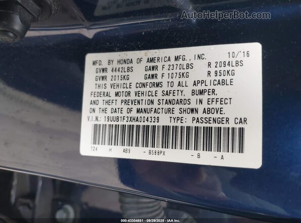 19UUB1F3XHA004339 2017 ACURA TLX Dark Blue 