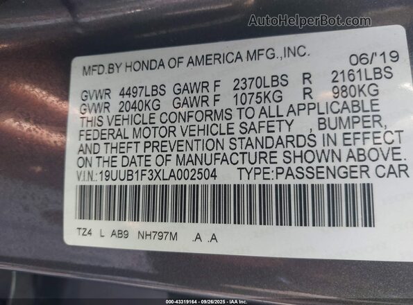 19UUB1F3XLA002504 2020 ACURA TLX Gray Widok komory silnika