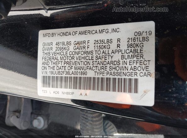 19UUB2F36LA001890 2020 ACURA TLX Black Вид підкапотного простору