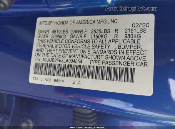 19UUB2F63LA004854 2020 ACURA TLX Blue Շարժիչի բաժամունքի տեսք