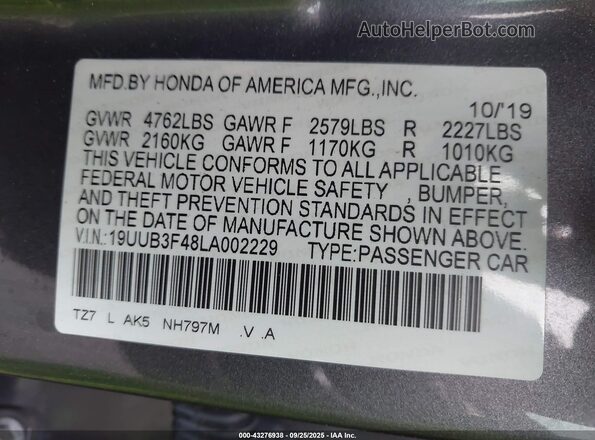 19UUB3F48LA002229 2020 ACURA TLX Gray Շարժիչի բաժամունքի տեսք