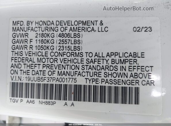 19UUB5F37PA001775 2023 ACURA TLX White Widok komory silnika