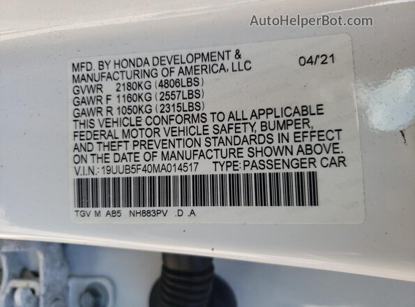 19UUB5F40MA014517 2021 ACURA TLX White Շարժիչի բաժամունքի տեսք
