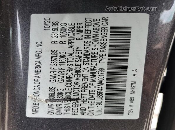19UUB5F44MA001799 2021 ACURA TLX Charcoal Շարժիչի բաժամունքի տեսք