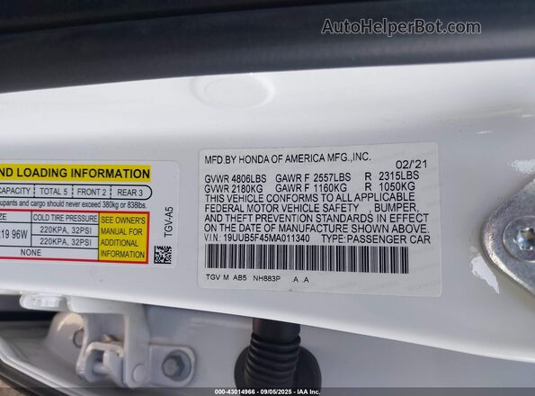 19UUB5F45MA011340 2021 ACURA TLX White Engine compartment view