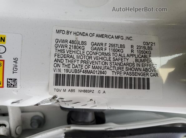 19UUB5F48MA012840 2021 ACURA TLX White Vista de la etiqueta del VIN