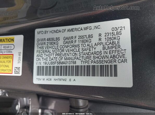 19UUB5F58MA013768 2021 ACURA TLX Gray Вид підкапотного простору