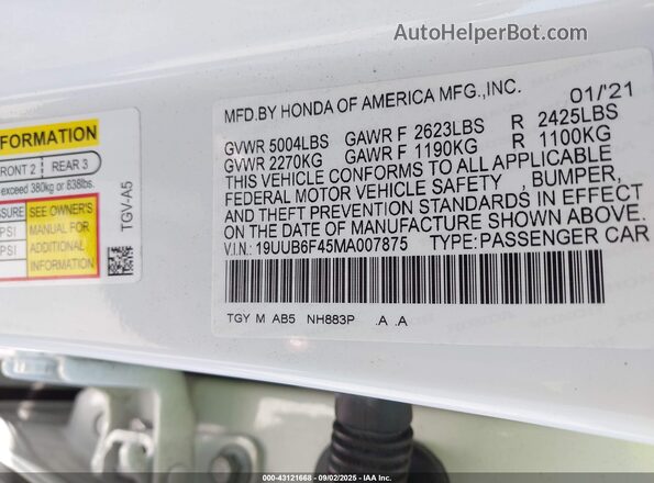 19UUB6F45MA007875 2021 ACURA TLX White Вид підкапотного простору