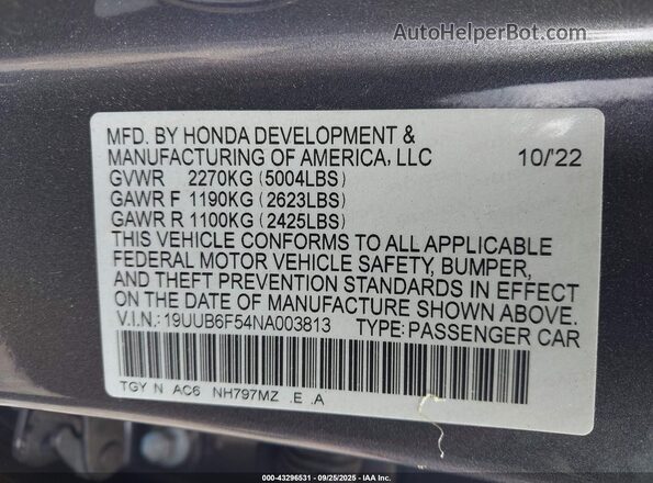 19UUB6F54NA003813 2022 ACURA TLX Gray Engine compartment view