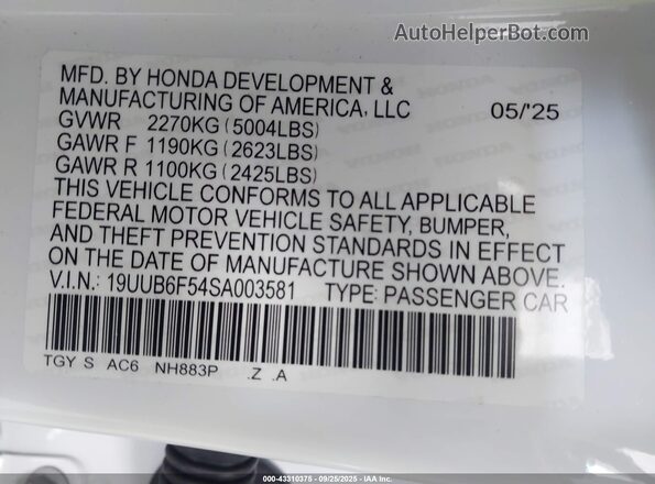 19UUB6F54SA003581 2025 ACURA TLX White Вид підкапотного простору