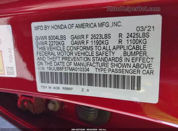 19UUB6F57MA010334 2021 ACURA TLX Red Vista del compartimento del motor
