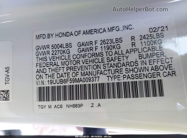 19UUB6F59MA009377 2021 ACURA TLX White Շարժիչի բաժամունքի տեսք