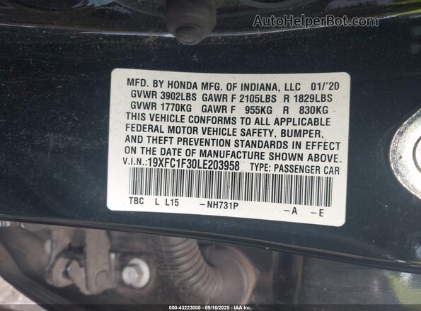 19XFC1F30LE203958 2020 HONDA CIVIC Black Engine compartment view