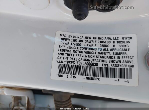 19XFC1F33LE006038 2020 HONDA CIVIC Белый Вид подкапотного пространства