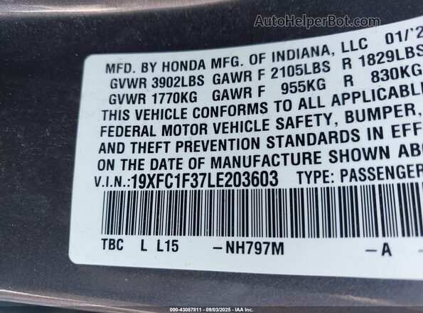 19XFC1F37LE203603 2020 HONDA CIVIC Pewter ძრავის განყოფილების ხედი