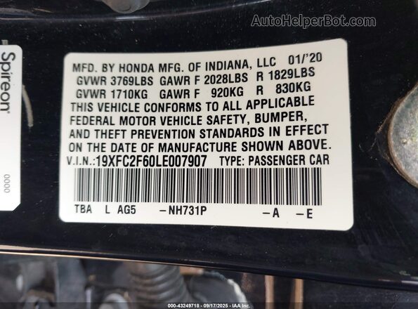 19XFC2F60LE007907 2020 HONDA CIVIC Black Engine compartment view