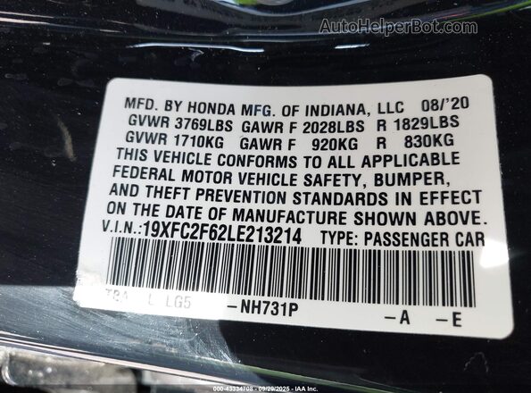 19XFC2F62LE213214 2020 HONDA CIVIC Black Engine compartment view