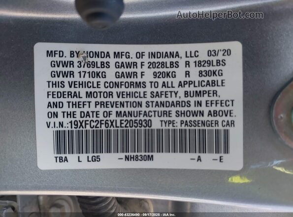 19XFC2F6XLE205930 2020 HONDA CIVIC Silver Շարժիչի բաժամունքի տեսք