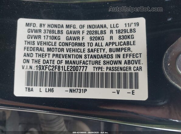 19XFC2F81LE200777 2020 HONDA CIVIC Black Engine compartment view