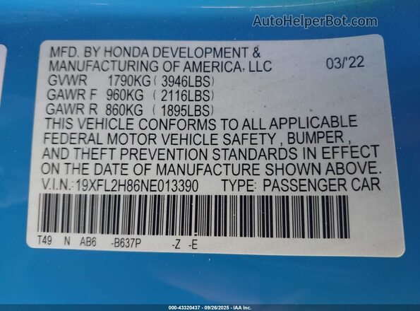 19XFL2H86NE013390 2022 HONDA CIVIC Blue Widok komory silnika